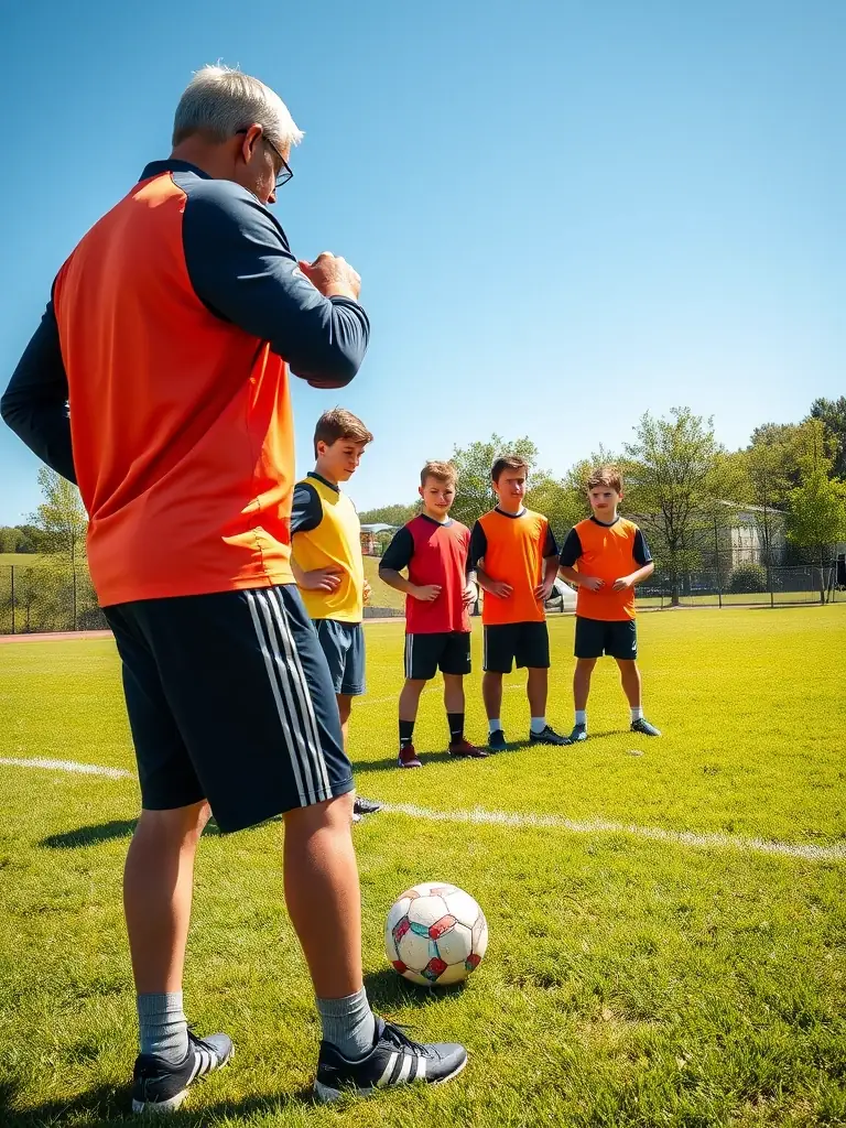 Image of a coach instructing players on passing techniques during a football coaching session at FC, emphasizing teamwork and precision.