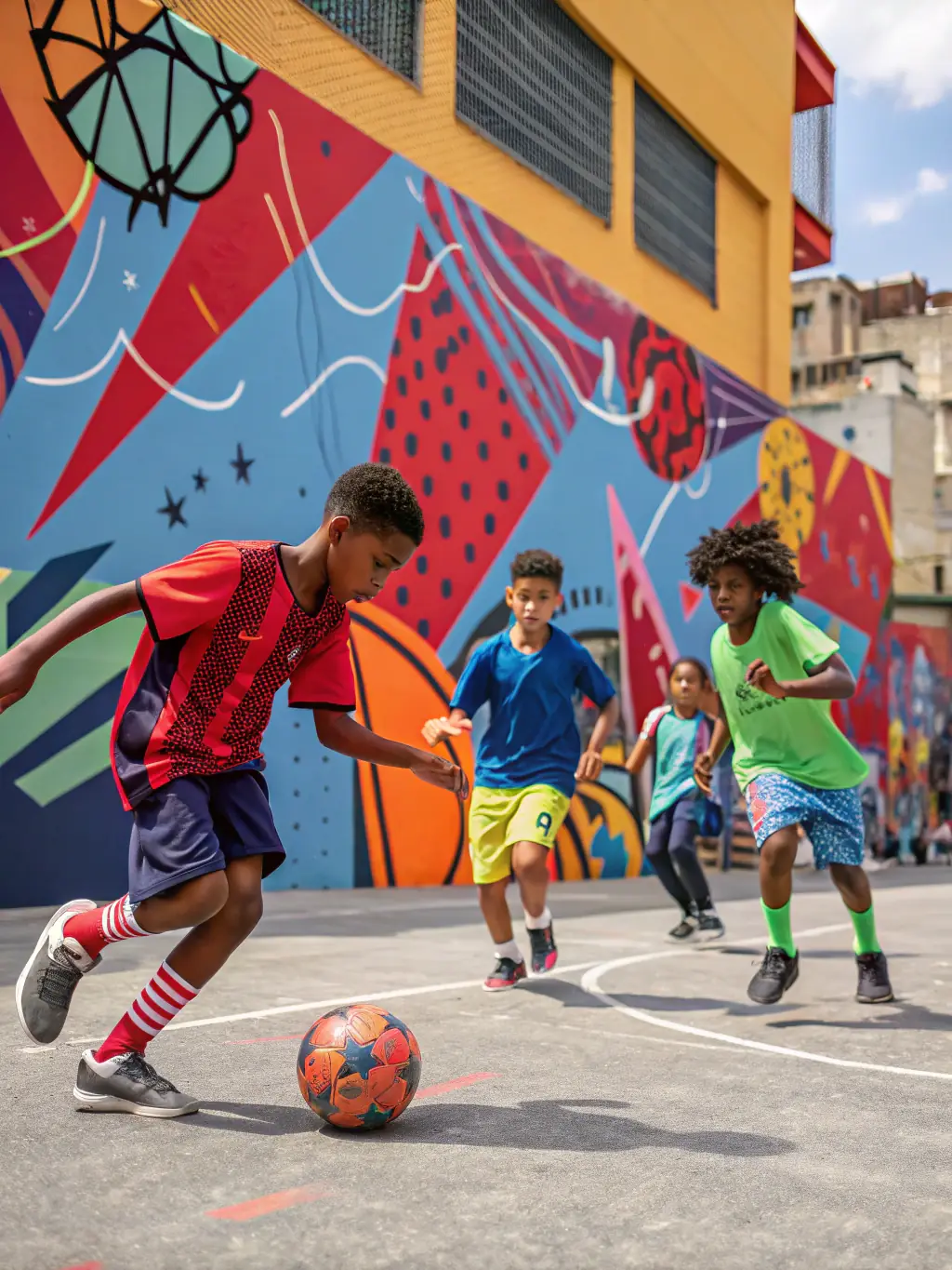 Action shot of young football players participating in a dribbling drill during a training session at FC, focusing on agility and ball control.