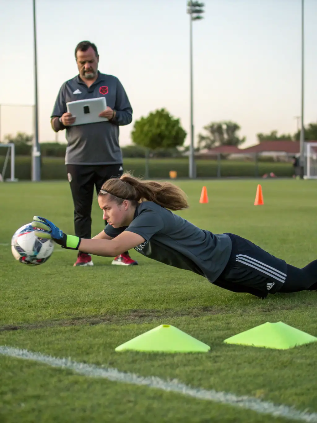 A dynamic image of a goalkeeper making a save during a football training camp at FC, highlighting reflexes and defensive skills.